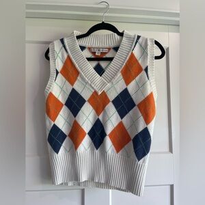 Tommy Hilfiger White, Orange, and Blue Argyle V-Neck Sweater Vest